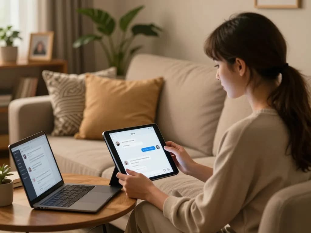 Engaging in a sex AI chat on a tablet in a cozy setting, creating intimacy.