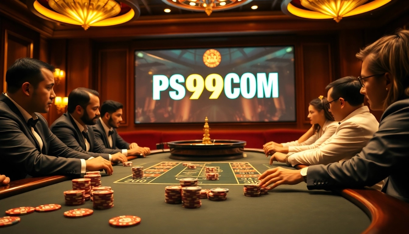 Players engage at a vibrant poker table in PS99COM casino, highlighting excitement and strategy.