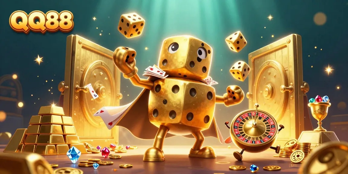 Engage with QQ88’s exciting gaming experience with a golden dice golem and treasures.