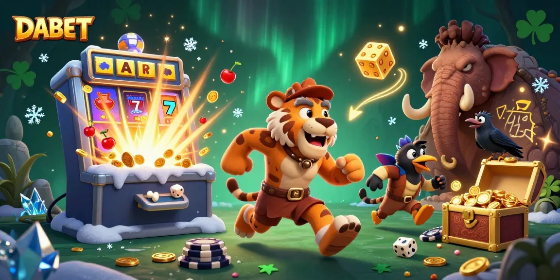 DABET showcases an exciting prehistoric casino scene with cartoon characters and jackpot symbols.