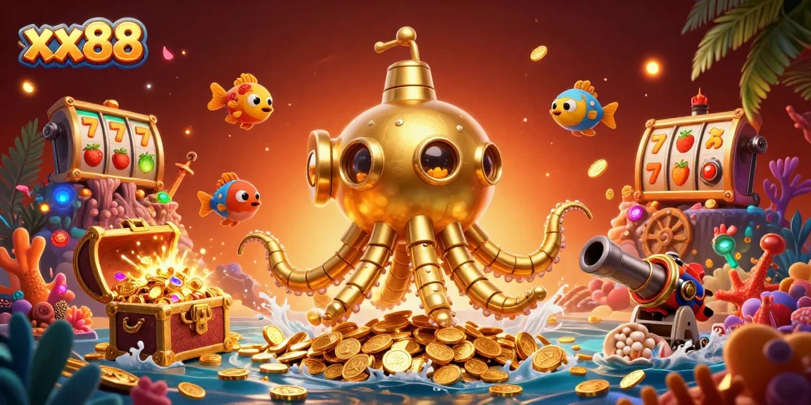 Engage in thrilling gameplay at xx88 with a vibrant 3D casino illustration featuring golden kraken, treasure explosions, and slot reels.