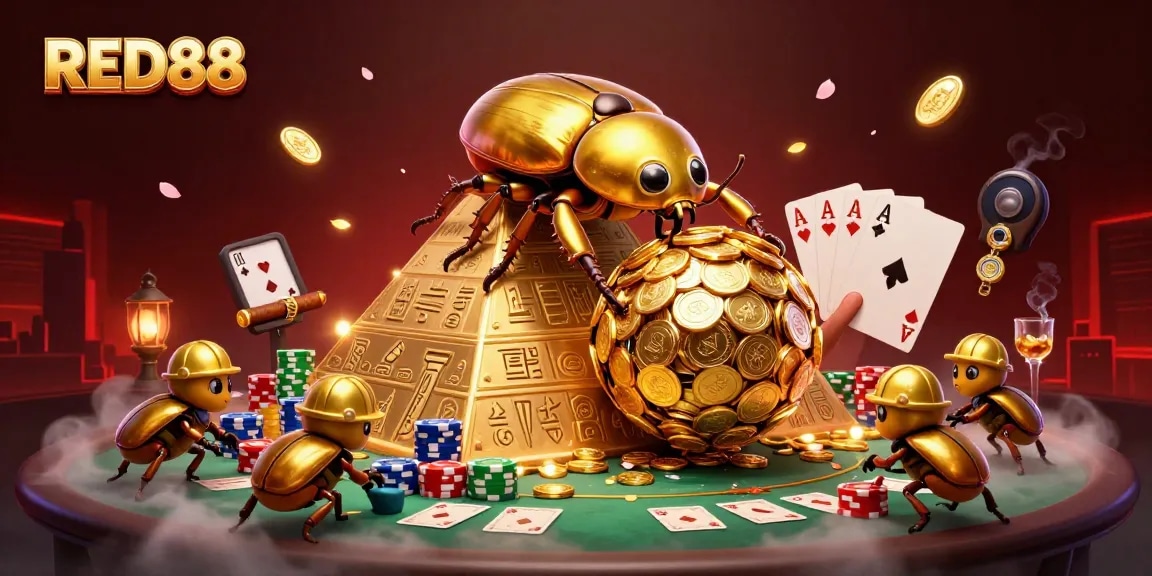 Engage with RED88, a vibrant portrayal of casino joy featuring beetles and golden coins.