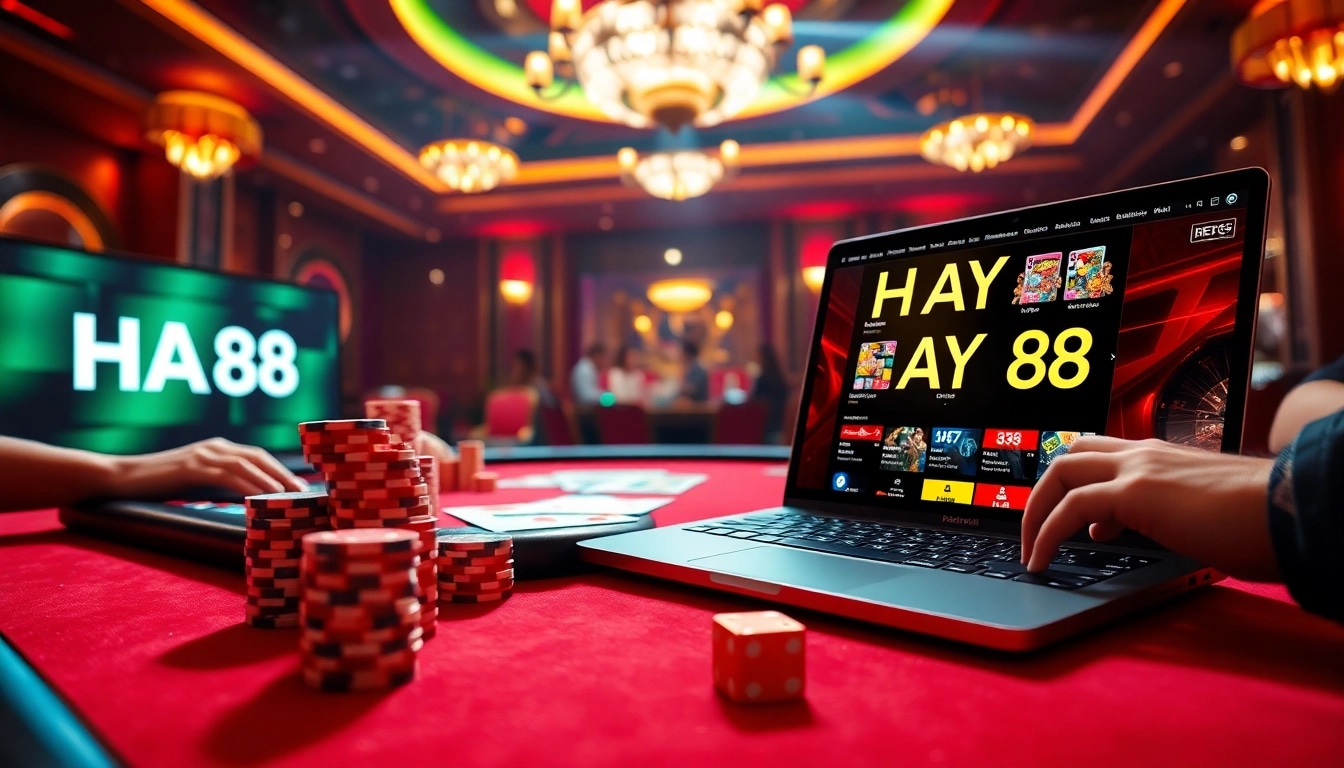 Exciting poker game at HAY 88 casino, showcasing vibrant chips and cards in a luxurious setting.