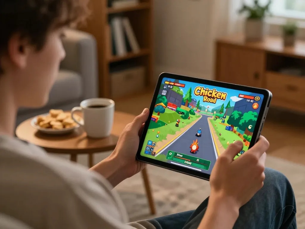 Giocatore impegnato che gode delle recensioni del gioco Chicken Road, vivendo un'emozionante sessione di gioco d'azzardo online su tablet.