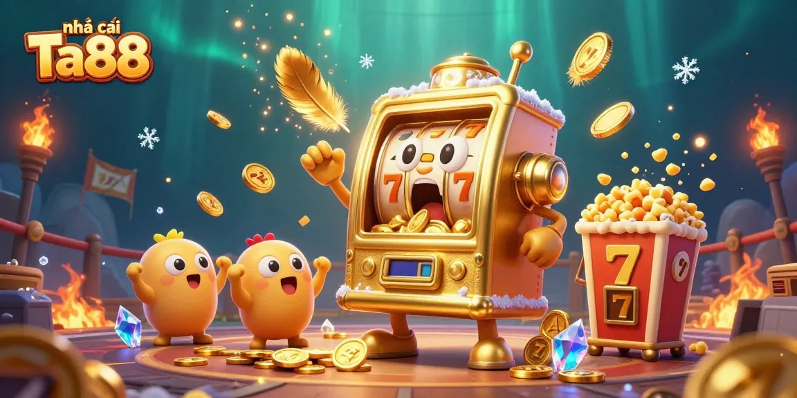 "nhà cái Ta88" slot machine surprises with coins raining down, emphasizing casino excitement and winnings.
