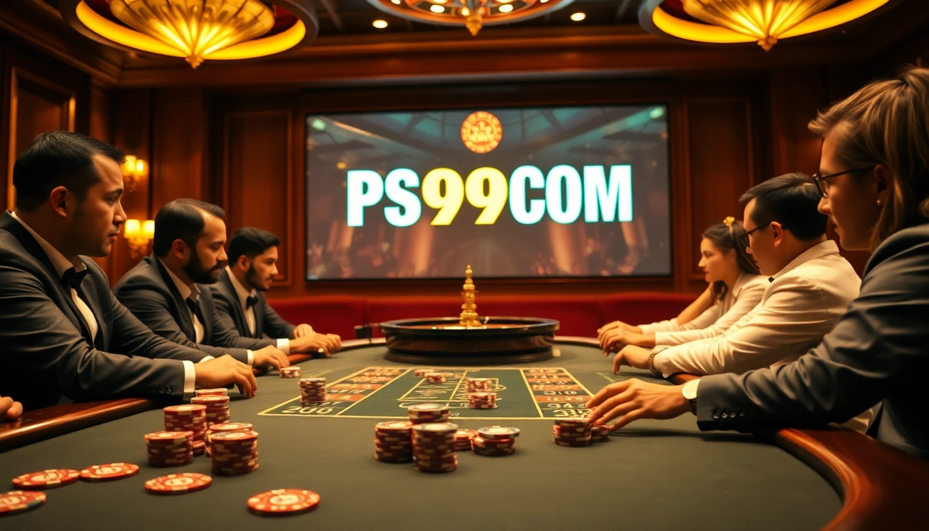 Players engage at a vibrant poker table in PS99COM casino, highlighting excitement and strategy.