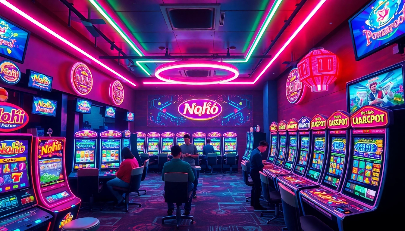 Gaming enthusiasts playing Nổ Hũ with vibrant slot machines and lively atmosphere.