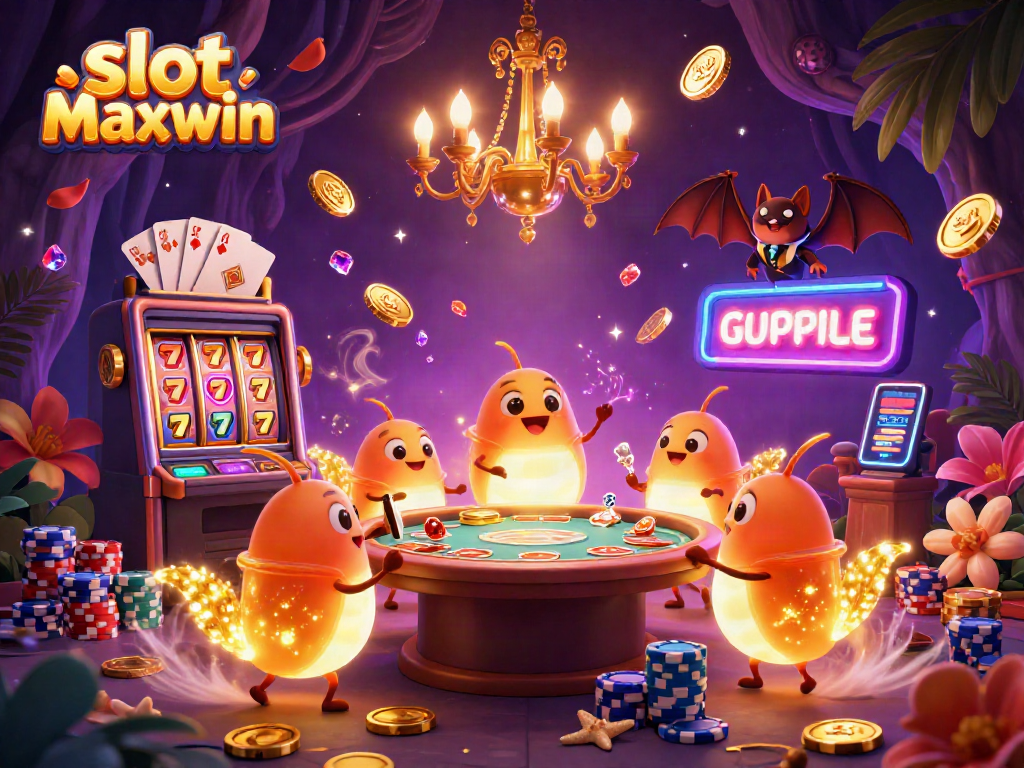 Experience excitement at slot maxwin with lively glowworms and cascading coins in a vibrant cave casino.
