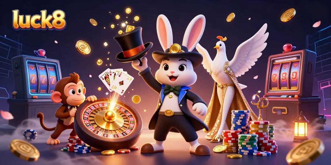 Experience the thrill of luck8 with a magician rabbit, dove, and monkey among coins and casino elements.