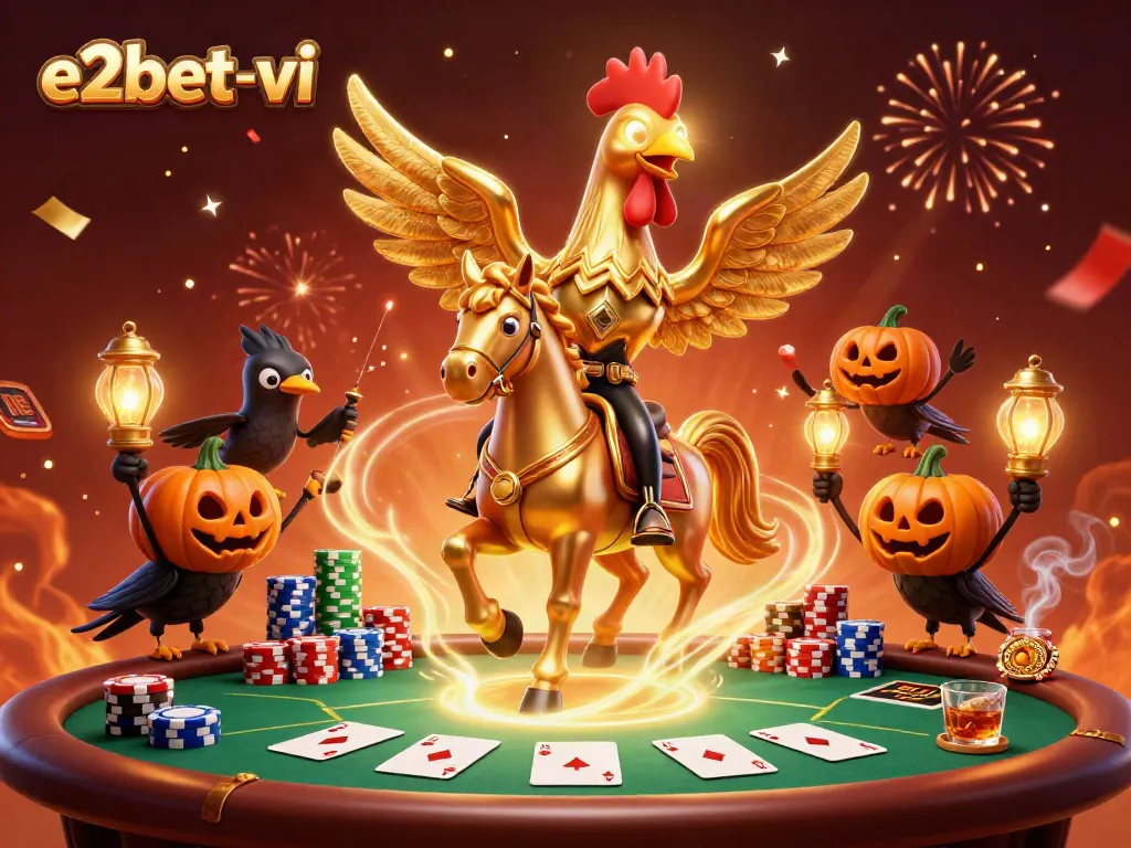 Engage in thrilling poker at e2bet-vi with a golden rooster as the main character in a vibrant casino setting.