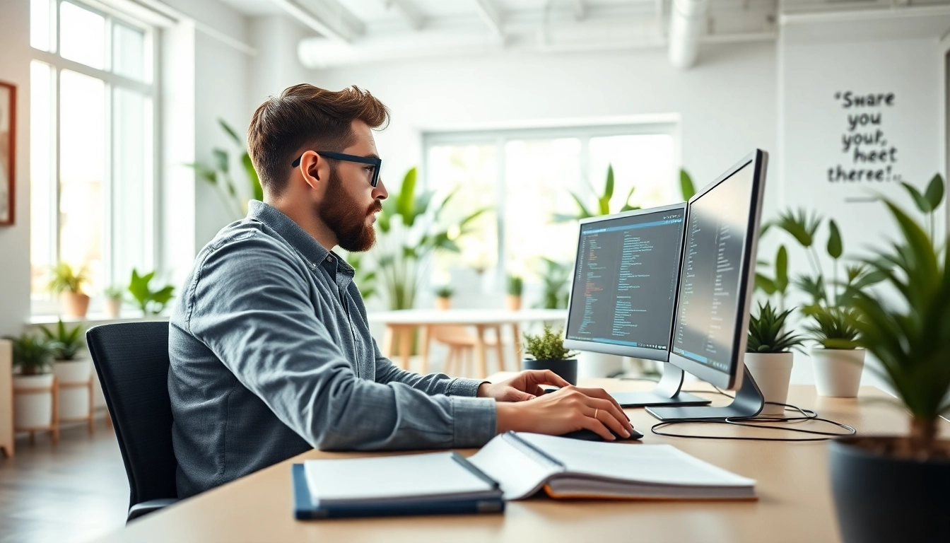 Saas developer coding in a bright office with dual monitors and modern decor.