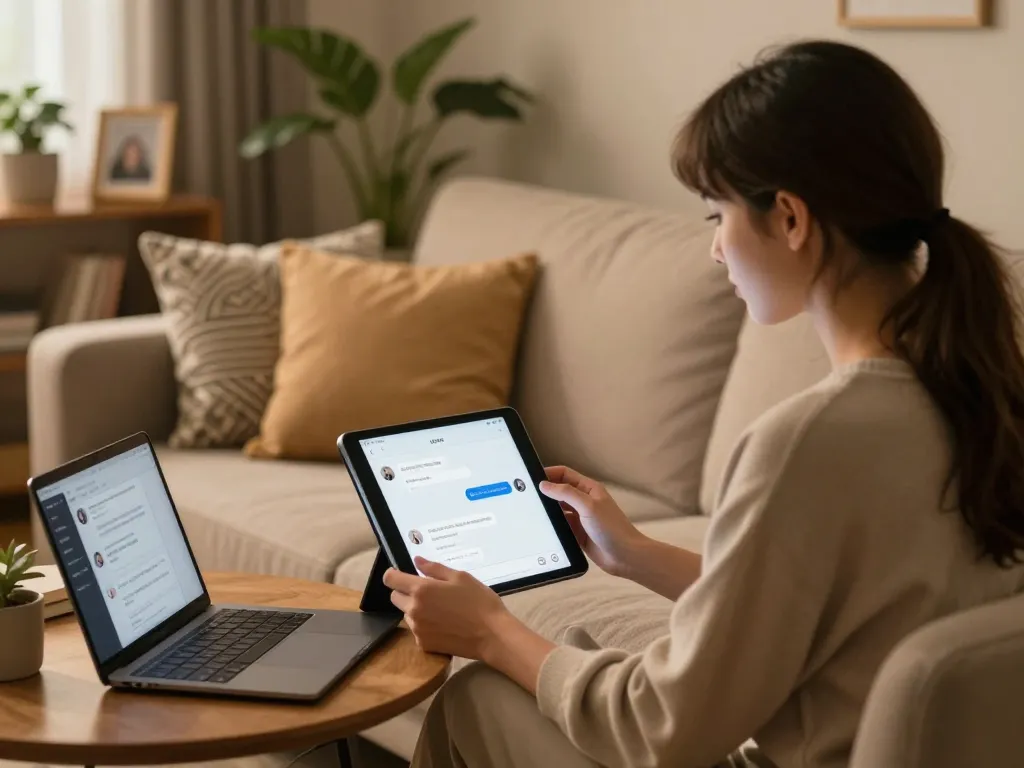 Engaging in a sex AI chat on a tablet in a cozy setting, creating intimacy.