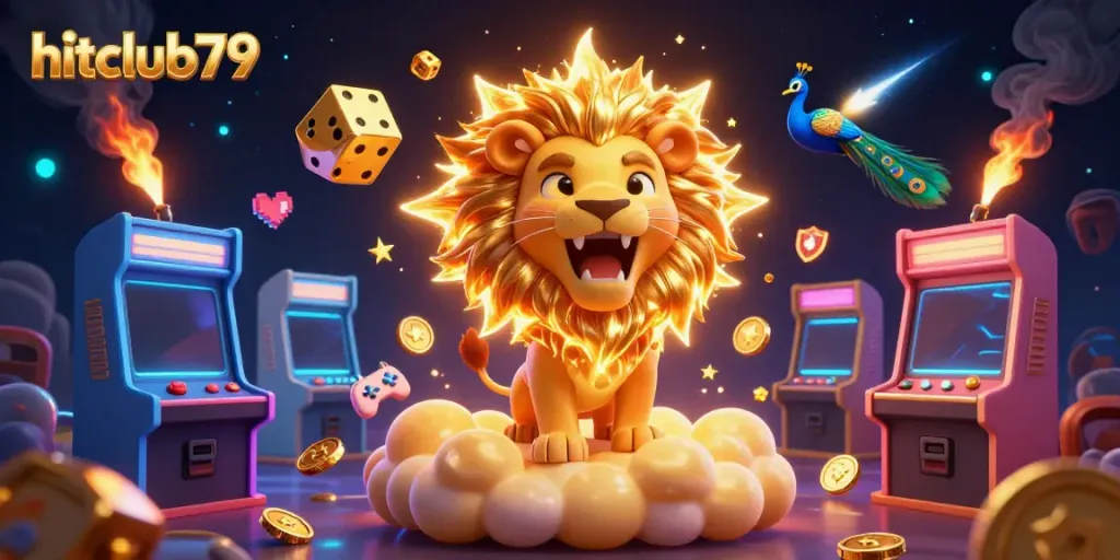 Experience the thrill of hitclub79 with a vibrant scene featuring gaming elements, golden dice, and an engaging lion.