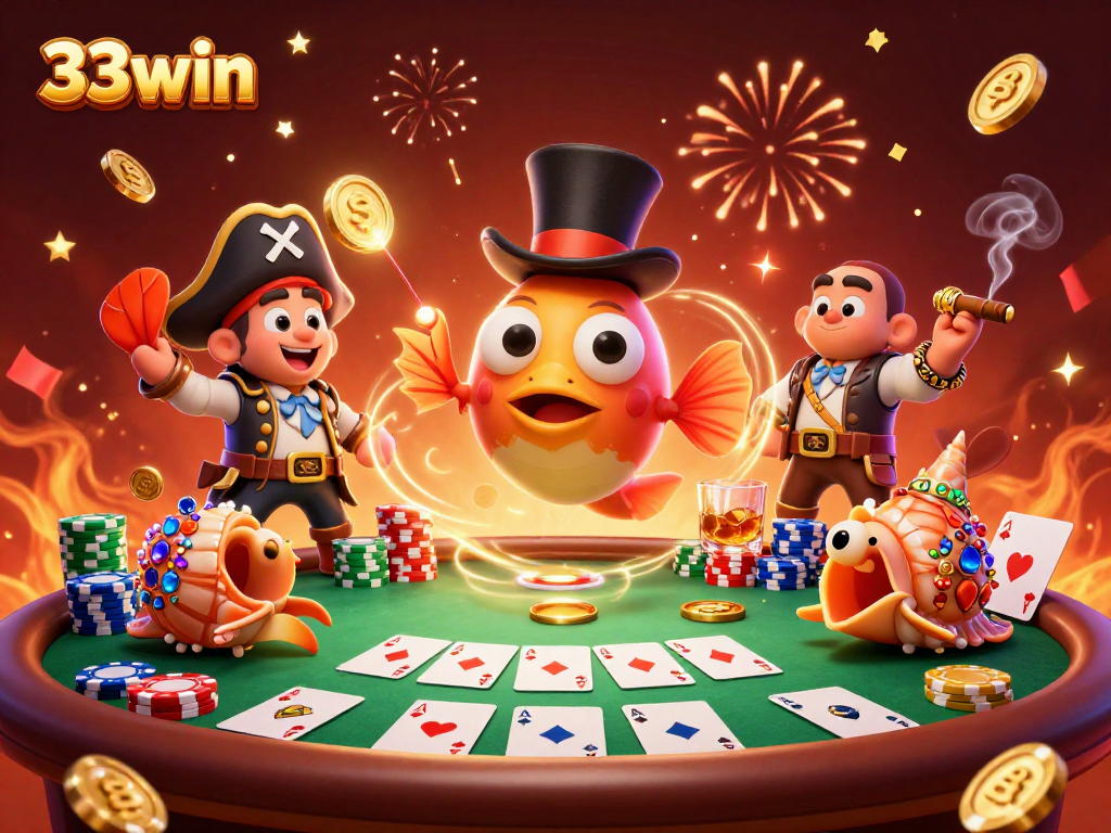 33win showcases a dynamic poker scene with vibrant characters leveraging luck to win coins.