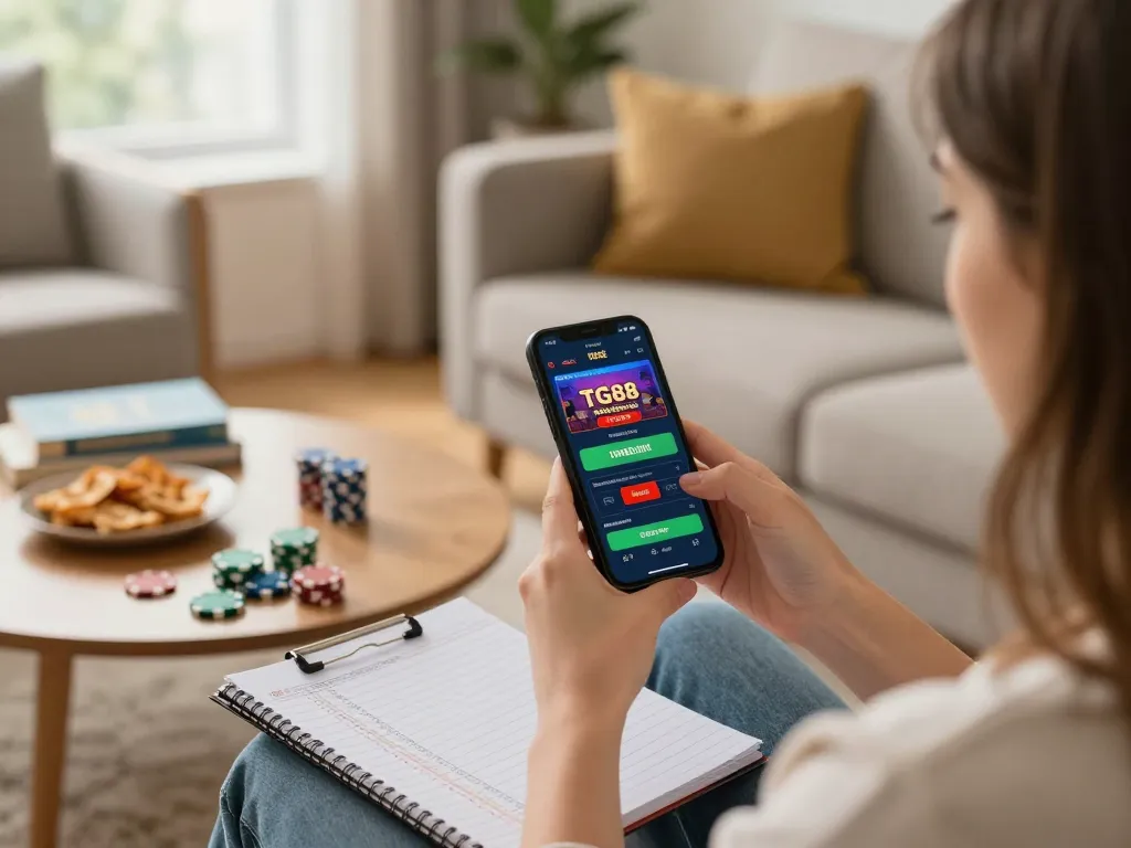 TG88 player using smartphone for online gaming in a cozy living room.