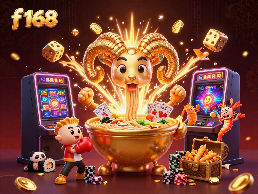 Experience the fun at f 168 with a thrilling casino illustration of cartoon characters, slot machines, and excitement.