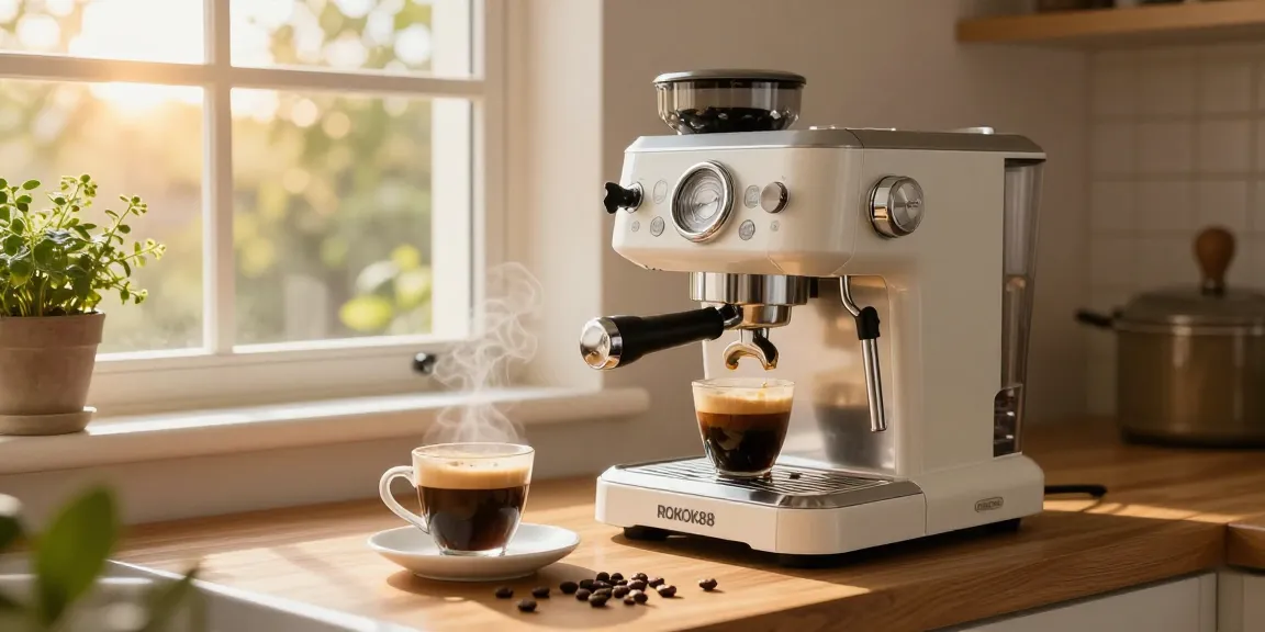rokok88 slot login: Barista brewing espresso with ROKOK88 machine, showcasing rich crema in a modern kitchen.