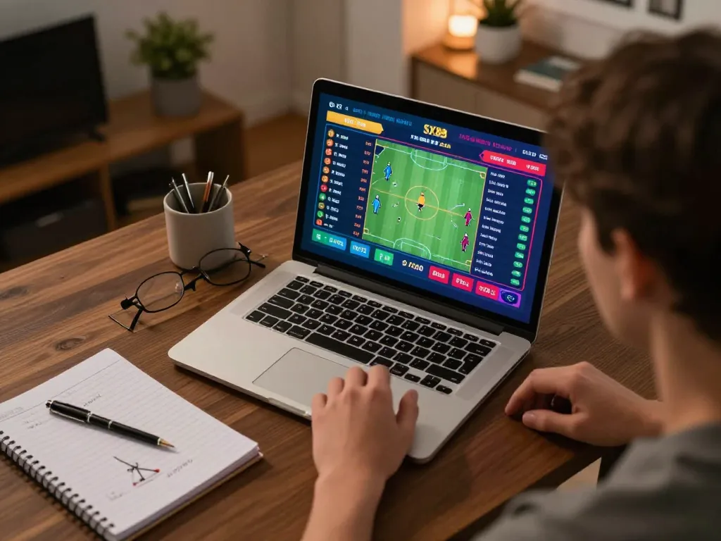 SX88 player intensely placing sports bets on laptop in a cozy home setting.