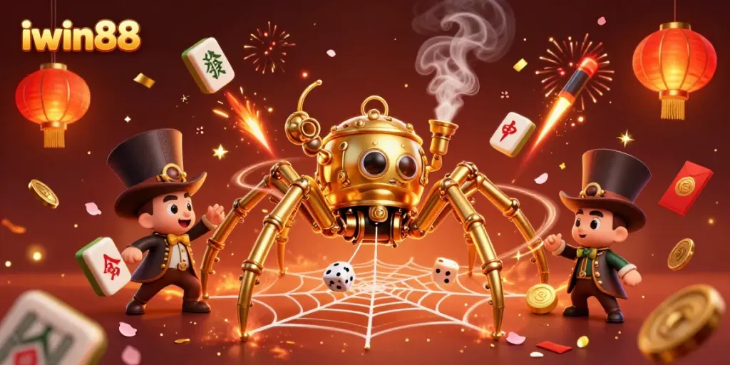 Engage in thrilling action at iwin88 with a steampunk spider and poker elements in a vibrant casino scene.