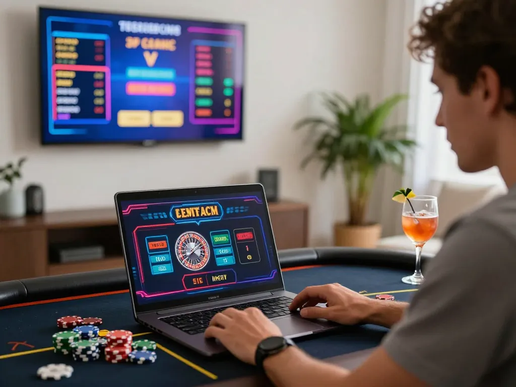 Engaged online player enjoying games at https://go999.de.com with bright casino lights and a stylish room setup.