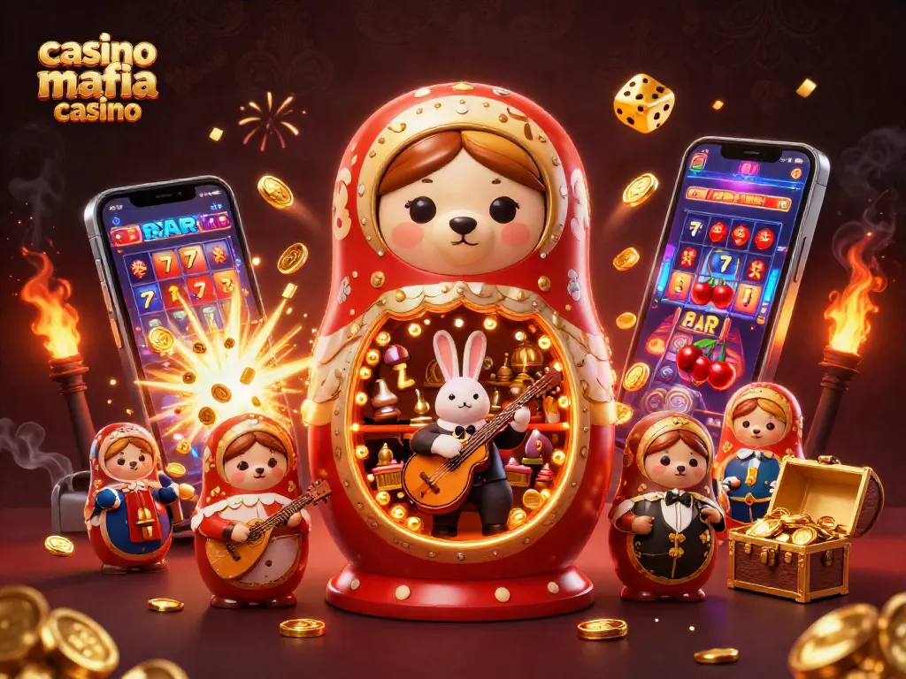 Spin the reels at casino mafia casino amidst a vibrant 3D scene of winning jackpots and lively characters.