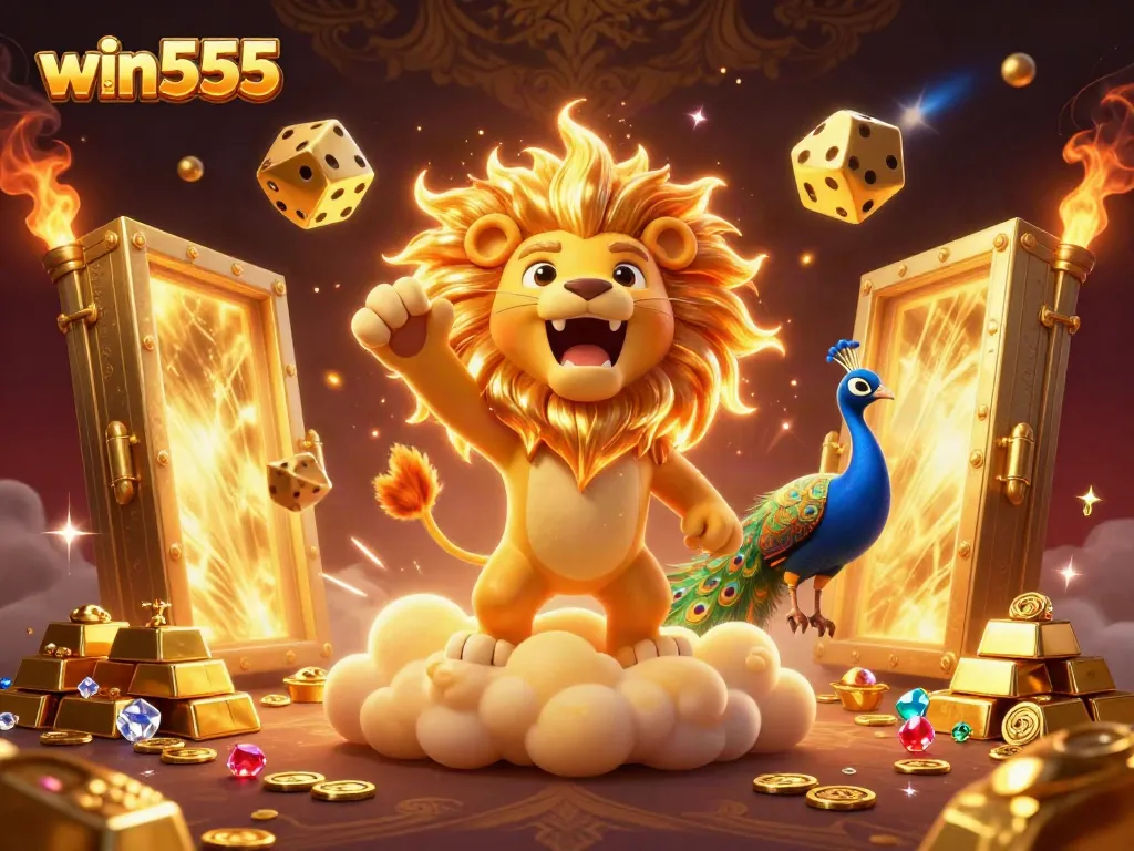 Win555 showcases thrilling casino action with a heroic sun lion, dice, and treasures