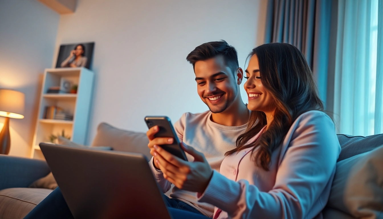 Couple engaging in playful flirtation with sexting AI in a cozy living room.