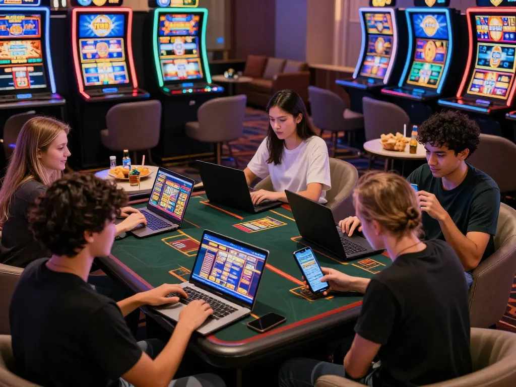 Friends enjoying online gaming at https://tt888.de.com, vibrant casino atmosphere with slot games and camaraderie.