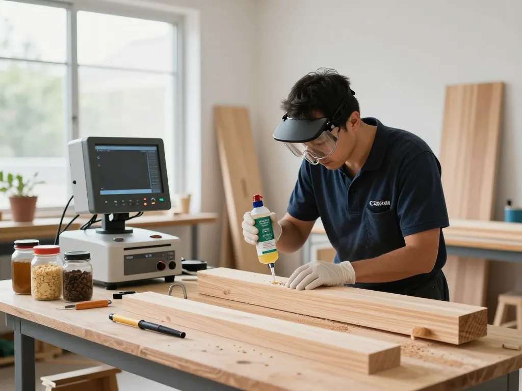 Un tecnico applica l'antitarlo ecologico in un luminoso laboratorio per riparare mobili in legno.