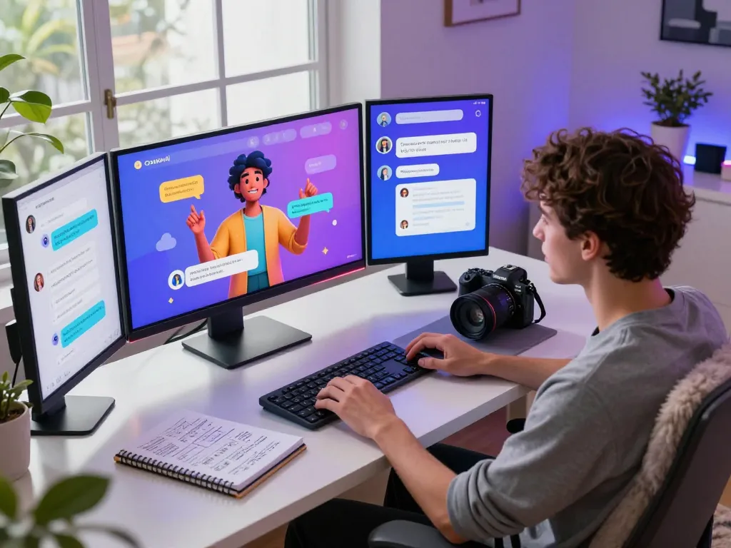 User interacting with CrushonAI chat interface at modern workspace, showcasing AI technology.