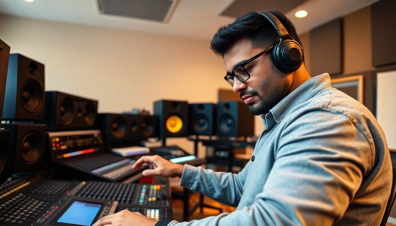 Sound engineer focused on online audio mastering in a modern studio.