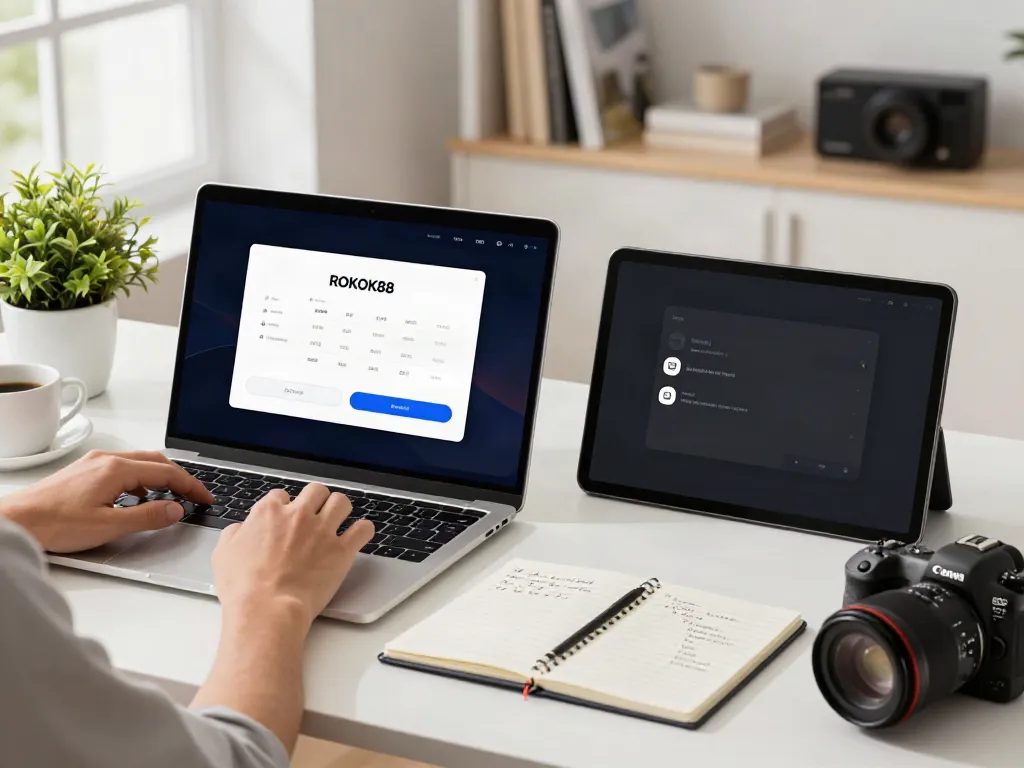 Using ROKOK88 account on mobile and desktop devices, showcasing seamless digital accessibility.