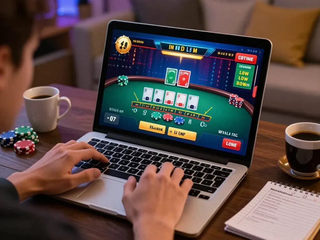 Playing 68 win casino games online on a laptop in a cozy home setting.
