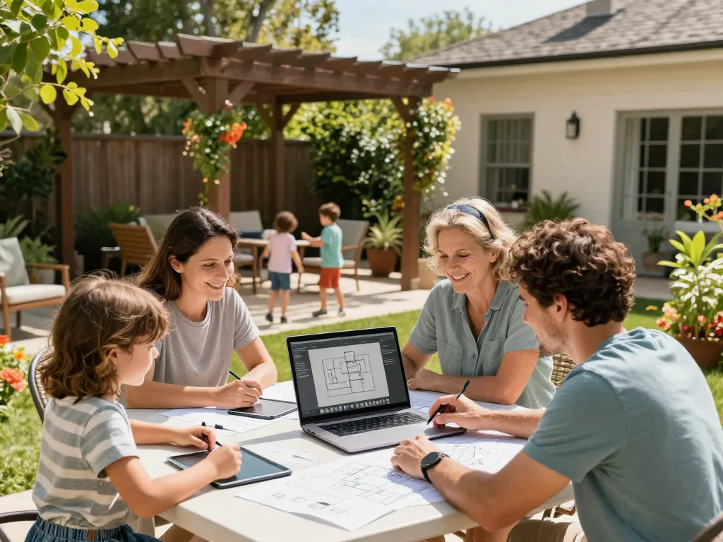 Design with software configuratore pergole while enjoying a sunny backyard with family.