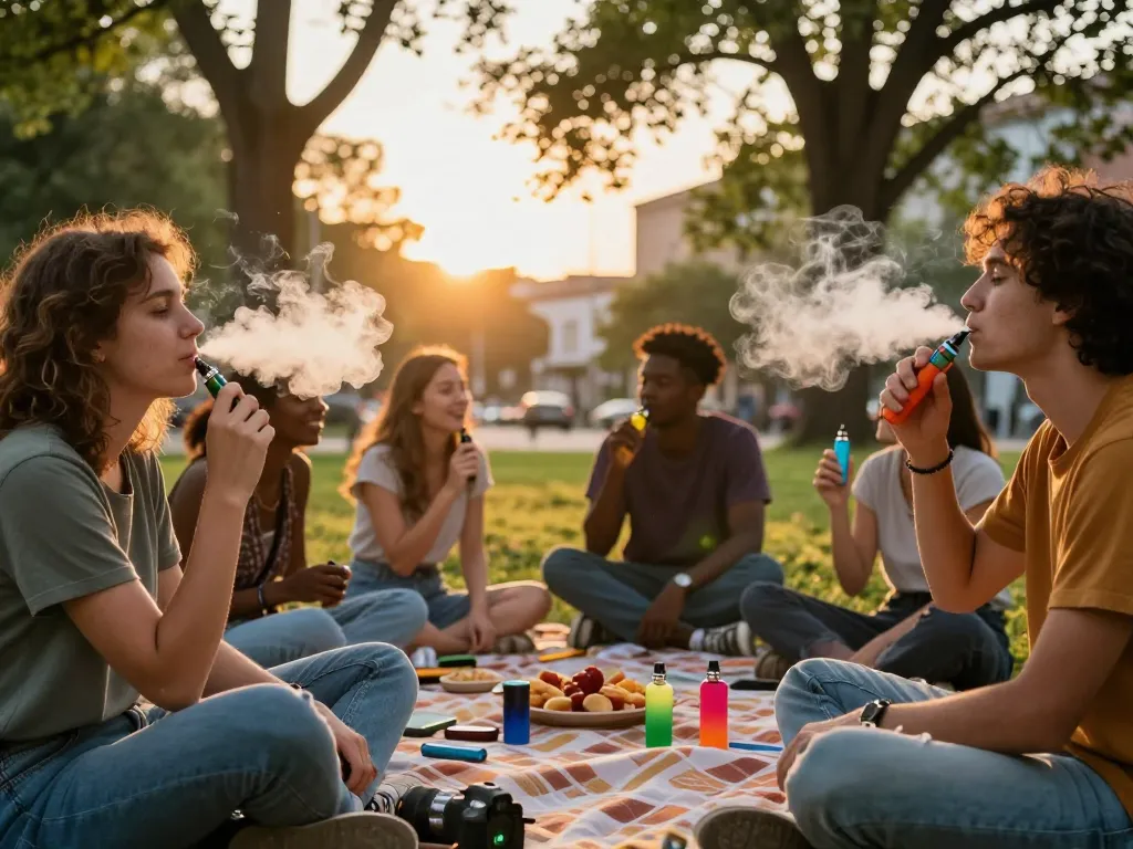 Gruppo che si gode la vape pen THC in un parco vibrante al tramonto per un'atmosfera rilassata.