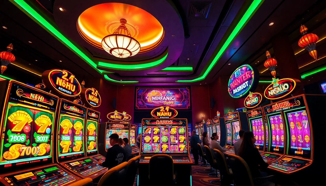 Nổ Hũ gaming scene with vibrant slot machines, enthusiastic players, and bright jackpot displays.