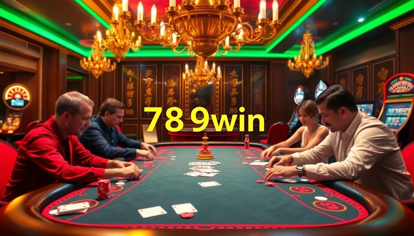 A thrilling poker scene at a casino, showcasing 789win atmosphere with chips and cards.