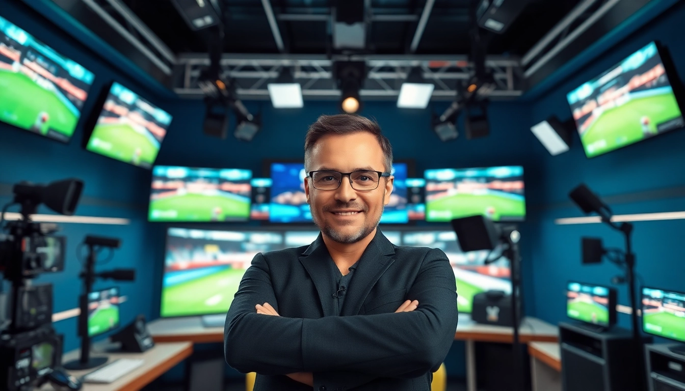 Host presenting sports broadcasting in a modern studio filled with tech and screens.