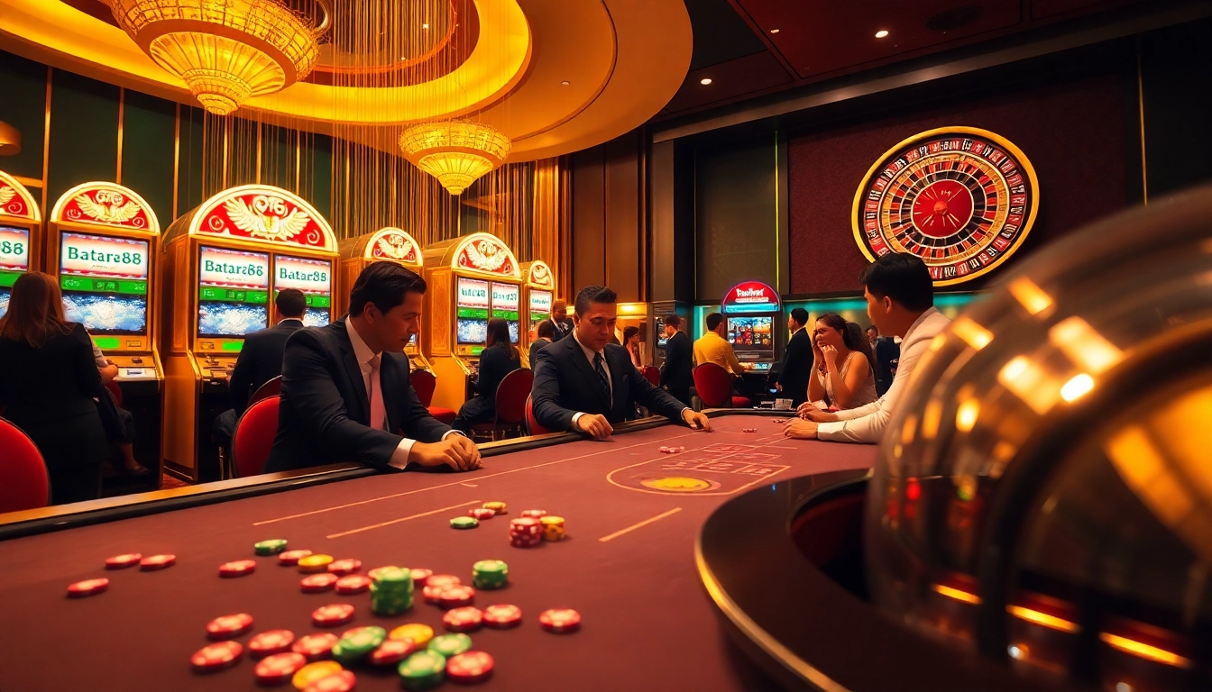 Experience the thrill of Batara88 at a luxurious casino with vibrant gaming tables and slot machines.