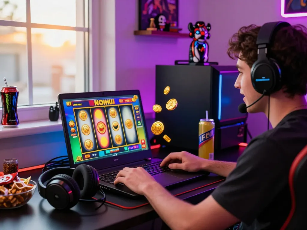 Enthusiastic player enjoying NoHu slot games in a vibrant gaming setup with immersive lighting.