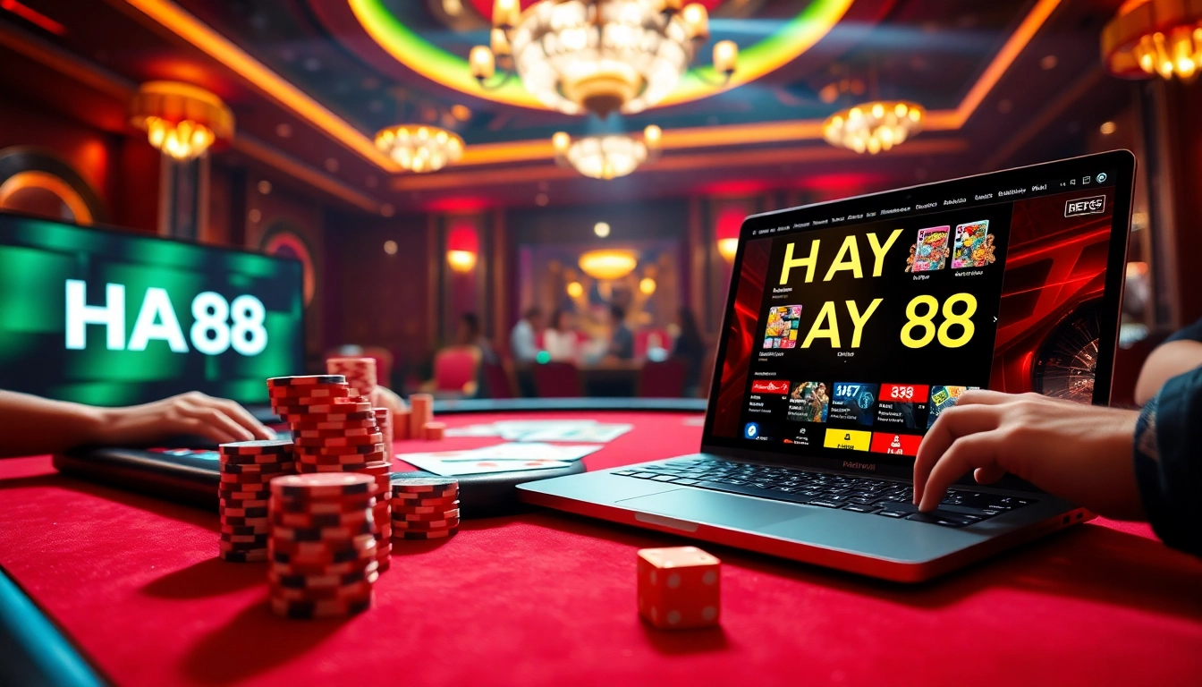 Exciting poker game at HAY 88 casino, showcasing vibrant chips and cards in a luxurious setting.