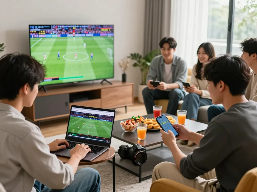Exciting group of friends enjoying online betting at https://789p1.de.com in a cozy living room setting.