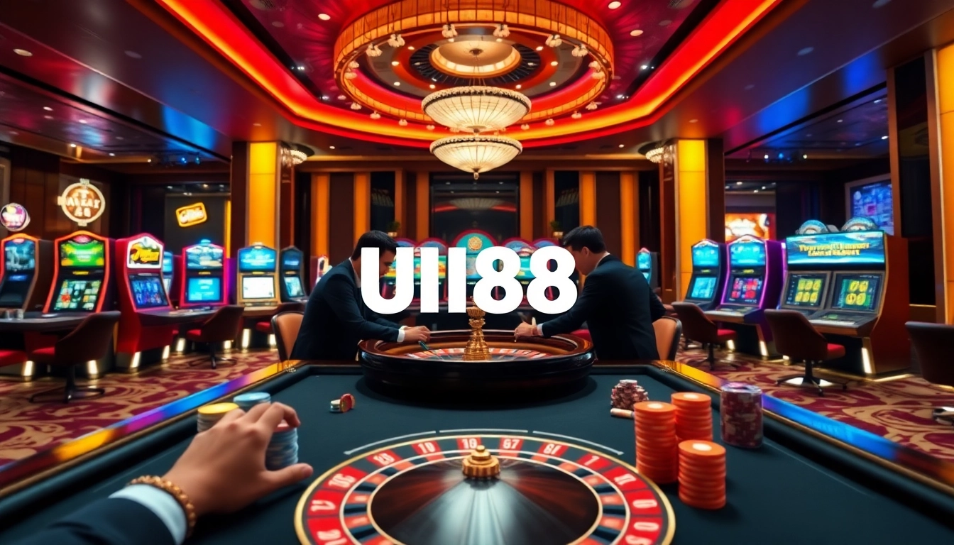 Exciting poker game atmosphere at UU88 with professional players and luxury casino elements.