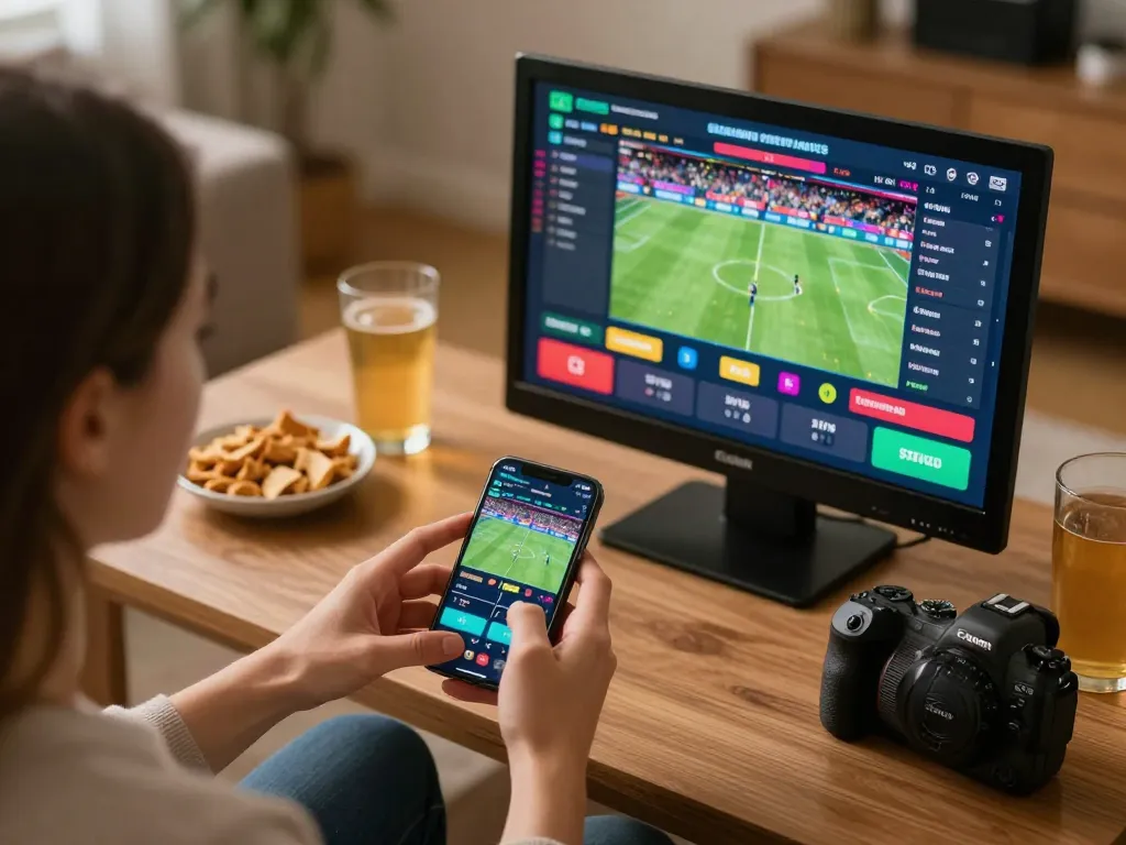 Engaging in live sports betting with F8BET on smartphone from a cozy home setup, showcasing excitement and convenience.