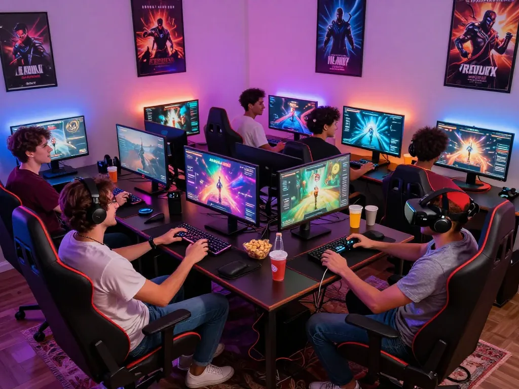 Players enjoying mind control porn games in a vibrant gaming room with colorful decor.