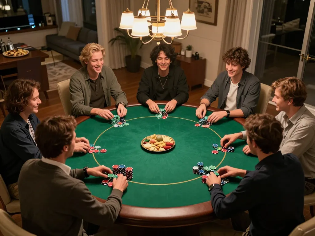 Kuwin VIP players enjoy a thrilling poker night with friends, showcasing competitive gameplay and social interaction.
