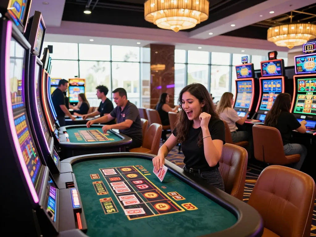 Exciting gambling scene at MMOO, showcasing players enjoying slots and live table games.
