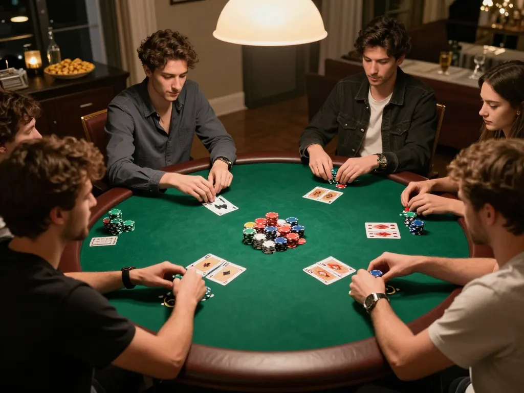 Players enjoying a tense moment in a poker game, showcasing sc88 strategy with chips and cards.