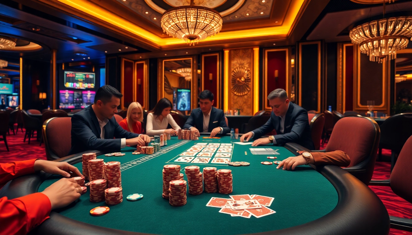 Players engaging in a high-stakes poker game at Nhà cái thabet, showcasing strategy and excitement.