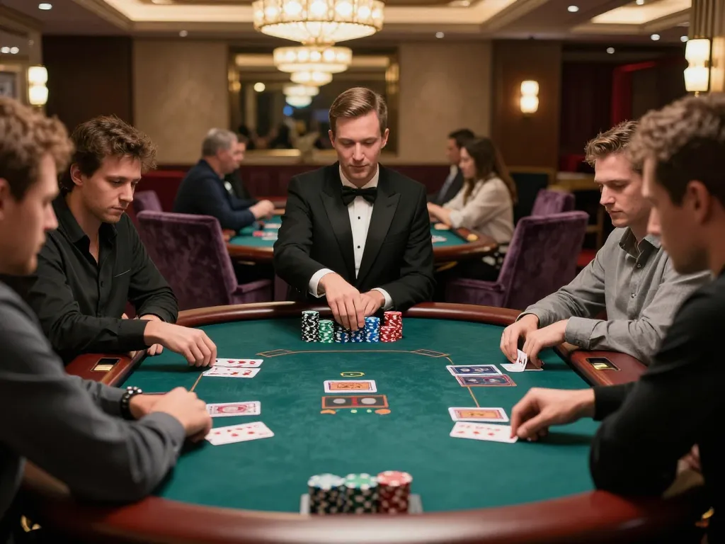 High-stakes poker action at the MM88 casino, showcasing players' strategies and classic game ambiance.